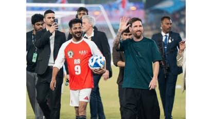 Lionel Messi with Telangana CM Revanth Reddy. (Photo: @revanth_anumula X)