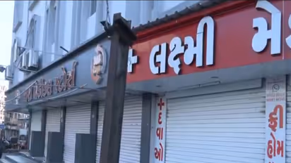 Shutters down at several medical stores in Rajkot as chemists joined the nationwide strike against e-pharmacies (Photo/ANI)