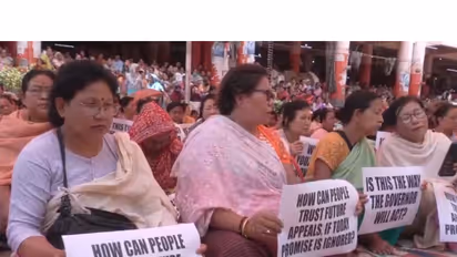Ima Keithel women vendors stage protest in Imphal (Photo/ANI)