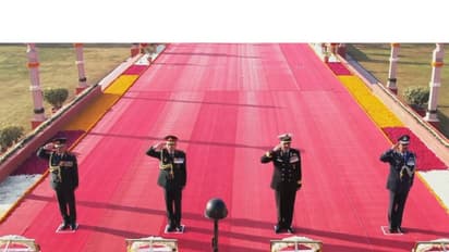 Chief of Defence Staff General Anil Chauhan, Chief of Army Staff Upendra Dwivedi alongside the Navy and Air Chief (Photo/ANI)