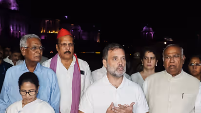 Leader of the Opposition in the Lok Sabha, Rahul Gandhi with Congress President Mallikarjun Kharge, TMC chief Mamata Banerjee and INDIA bloc MPs (File Photo/ANI)
