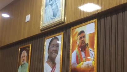 PM Narendra Modi, President Droupadi Murmu, and CM Suvendu Adhikari's portait in Asansol Mayor's office (Photo/ANI)