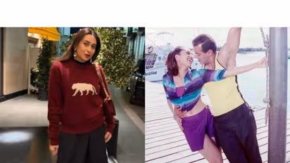 Karisma Kapoor (L) A snip from song (R) (Photos/Karisma team/T-series)