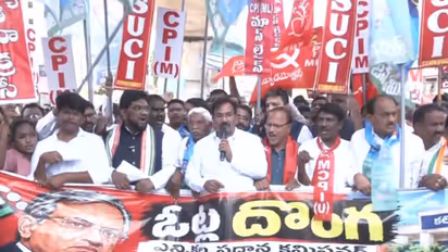 INDIA bloc members protesting outside the Collectorate office in Hyderabad (Photo/ANI)