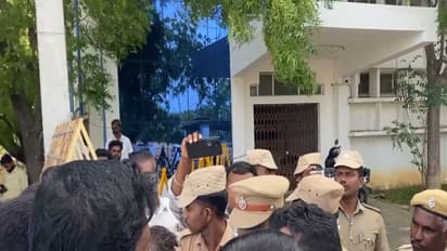Supporters of DMK MLA Markandeyan outside the Police Station (Photo/ANI)