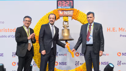 Nikos Christodoulides, President, Republic of Cyprus (Middle), along with NSE Chairman Srinivas Injeti (Right) and MD and CEO Ashishkumar Chauhan (Left) (Photo/ANI)