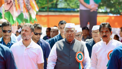 Rahul Gandhi, along with Mallikarjun Kharge and KC Venugopal. (File photo/ANI)
