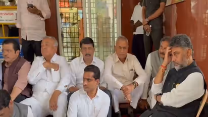 Karnataka CM DK Shivakumar, along with state cabinet ministers stages protest (Photo/ANI)