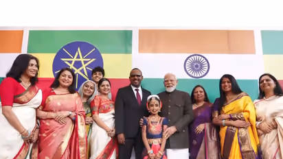 Prime Minister Narendra Modi with his Ethiopian counterpart Abiy Ahmed and members of Indian diaspora in Addis Ababa. (Photo/ANI)