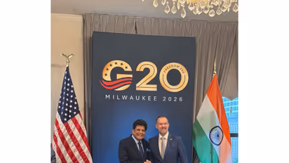 Union Commerce and Industry Minister Piyush Goyal with US Trade Representative Jamieson Greer on the sidelines of the G20 Trade Ministerial in Milwaukee. (Photo: X/@PiyushGoyal)
