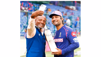 Rajasthan Royals head coach Kumar Sangakkara (R) with Brian Lara (Photo/ANI)