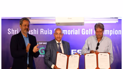 Amandeep Johl (from left), Amit Bajaj and Kapil Dev at the launch of Shri Shashi Ruia Memorial Golf Championship in Mumbai. (Photo: PGTI)