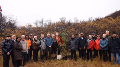 Minister of State for External Affairs and Environment, Forest and Climate Change, Kirti Vardhan Singh, during his visit to Thorsmork Forest in Iceland, where he planted a Rowan sapling as part of Prime Minister Shri Narendra Modi ji’s ‘Ek Ped Maa Ke Naam’ initiative. (Photo: X/@KVSinghMPGonda)