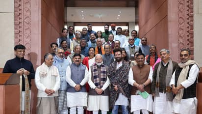 PM Narendra Modi with Bihar MPs in Parliament on Monday. (Photo/X@narendramodi)