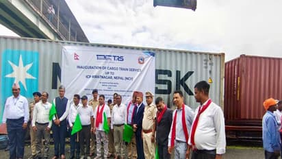 Officials flag off the first direct commercial freight train service to the Nepal Customs Yard (NCY) in Biratnagar, Nepal. (Photo: X/@IndiaInNepal)