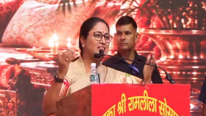 Delhi Chief Minister Rekha Gupta addresses the gathering at Delhi’s Ramlila celebrations (Photo: ANI)