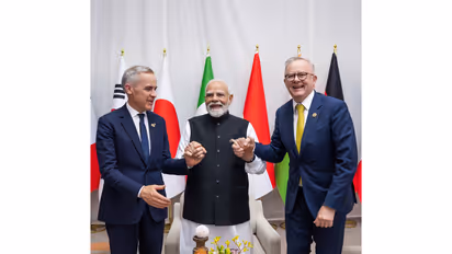 Prime Minister Narendra Modi along with Australian and Canadian counterparts Anthony Albanese and Mark Carney (Photo: @AlboMP/X)