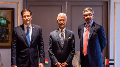 US Secretary of State Marco Rubio, External Affairs Minister S. Jaishankar, and UAE Foreign Minister Sheikh Abdullah bin Zayed Al Nahyan during their trilateral meeting in Mumbai (Photo: X/@DrSJaishankar)