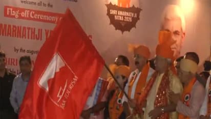J&k LG Manoj Sinha flags off first batch of Shri Amarnathji Yatra pilgrims (Photo/ANI)