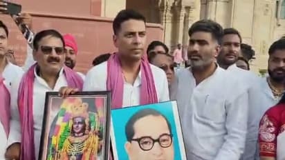 Samajwadi Party MLA Sachin Yadav protesting outside Assembly after his suspension (Photo/ANI)