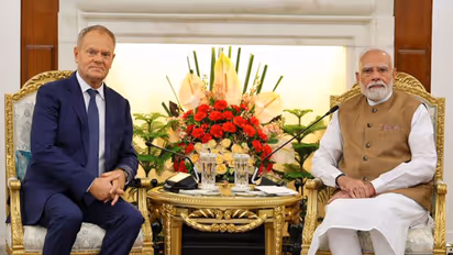 Prime Minister Narendra Modi with his Polish counterpart Donald Tusk during their meeting at Hyderabad House in New Delhi on Thursday. (Photo: X/@MEAIndia)