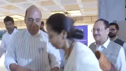 Supriya Sule makes respectful gesture towards Rajnath Singh (Photo/ANI)
