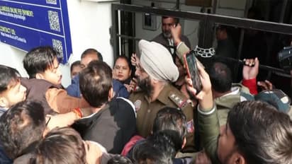 ABVP students protest in front of DU North Campus Arts Faculty exam block (Photo/ANI)