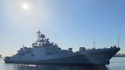 Indian Naval Ship (INS) Trishul, a frontline Talwar-class guided missile frigate of the Indian Navy, arrives at Alexandria Naval Base in Egypt. (Photo: X/@indembcairo)