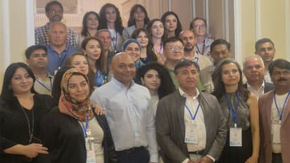 Participants of the International Watercolour Festival "Caspian Waves" 2026 pose for a group photograph during the event in Baku, Azerbaijan. (Photo/ANI)
