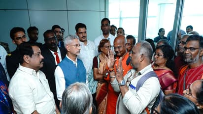EAM S Jaishankar receives Tamil Nadu pilgrims rescued from Nepal (Photo/@DrSJaishankar/X)