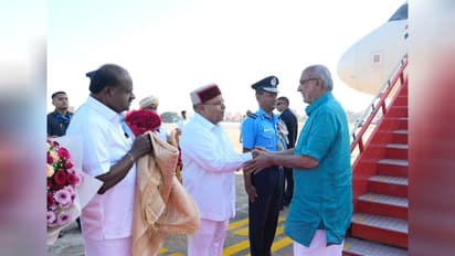 arnataka Governor Thaawar Chand Gehlot, Union Minister HD Kumaraswamy welcome  Vice President CP Radhakrishnan (Photo/X@VPIndia)