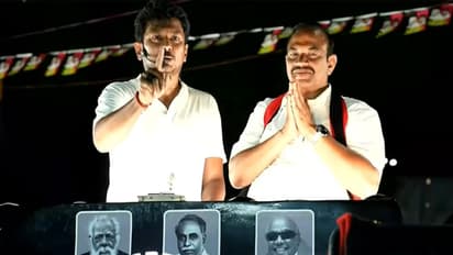 Dy CM Udhayanidhi Stalin (left) campaigns for MK incumbent Inigo Irudayaraj, from Tirucirappalli (east) (Photo/ANI)