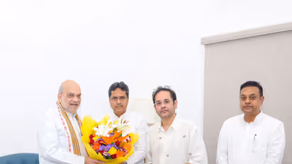 Union Home Minister Amit Shah in New Delhi with TIPRA Motha founder Pradyot Kishore Manikya Debbarma and BJP’s North East Coordinator Sambit Patra (Photo/X/@DrManikSaha2)