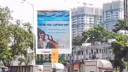 A prominent billboard set up by the Consulate General of Israel in Mumbai, bearing the message "Thank you, Captain Smit", honours Indian pilot Captain Smit Machchhar for his extraordinary valour during a mid-air security crisis. (Image Source: Israel Consulate)