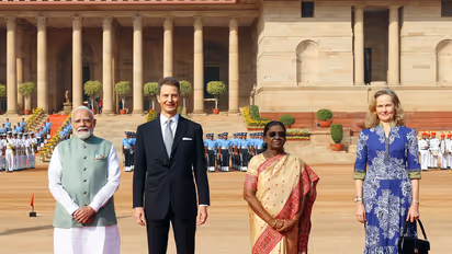 Liechtenstein Hereditary Prince Alois and his wife, Princess Sophie, pose for a photo with President Droupadi Murmu and Prime Minister Narendra Modi at a ceremonial reception at Rashtrapati Bhavan (Photo/ANI)