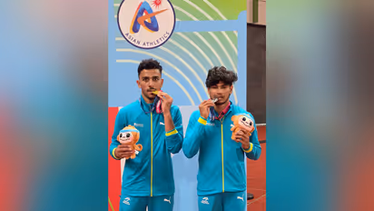 Shahnavaz Khan (left) and Jithin Arjunan Raman Chandrasekaran won gold and silver in men’s long jump at 22nd Asian U20 Athletics Championships. (Photo: AFI media)