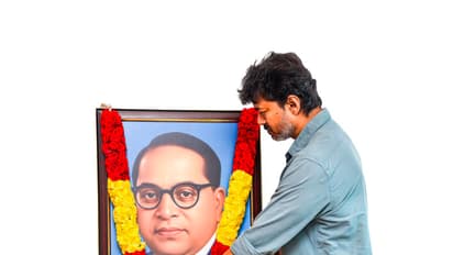 TVK party leader Vijay Thalapathy garlanding B.R. Ambedkar portrait (Photo/X/@TVKVijayHQ)