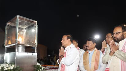 Assam Chief Minister Himanta Biswa lighting ‘Swahid Pranam Jyoti’ at Swahid Smarak Kshetra (Photo/ANI)