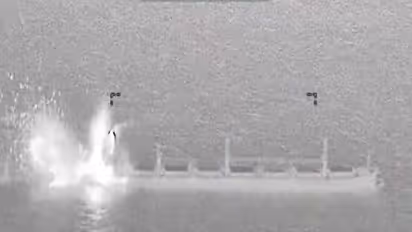 Smoke and fire rise from a commercial cargo vessel following a strike, which US Central Command says it had disabled in the Gulf of Oman after the ship's crew ignored warnings and attempted to run a naval blockade against Iran, at a location given as the Gulf of Oman. (Photo: X/@CENTCOM)