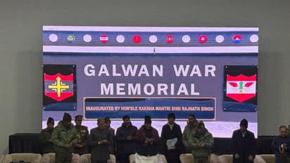 Defence Minister Rajnath Singh during the inauguration of Galwan War Memorial in Leh. (Photo/ANI)
