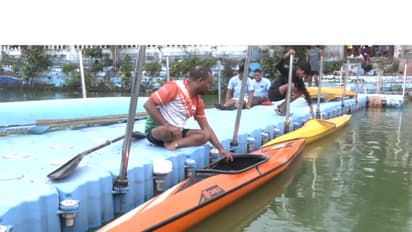 Para-athlete Horilal Yadav during his kayaking training in Raipur's Budha Talab. (Photo: ANI)
