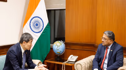 MEA Secretary (West) Sibi George with UNDP Acting Administrator Haoliang Xu during their meeting in New Delhi. (Photo: X/@MEAIndia)