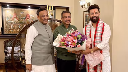 LJP (RV) chief Chirag Paswan meets BJP's Bihar election in-charge Dharmendra Pradhan (Photo/ANI)