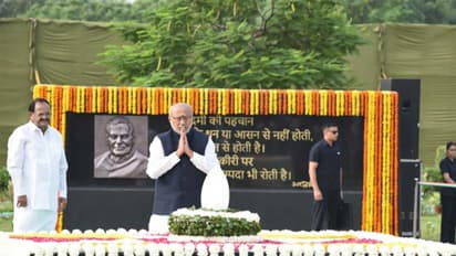 Vice President Shri C. P. Radhakrishnan paid tributes at Sadaiv Atal on the Punya Tithi of revered Bharat Ratna Atal Bihari Vajpayee Ji (Photo: @VPIndia/X)