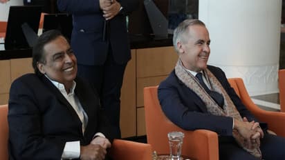 Canadian PM Mark Carney(Right) with Reliance Industries Chairman Mukesh Ambani (Left). (Photo- X@MarkJCarney)