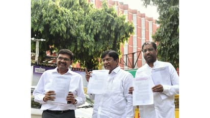 BRS leaders B. Vinod Kumar, Vaddiraju Ravichandra and Soma Bharath Kumar (Photo/ANI)