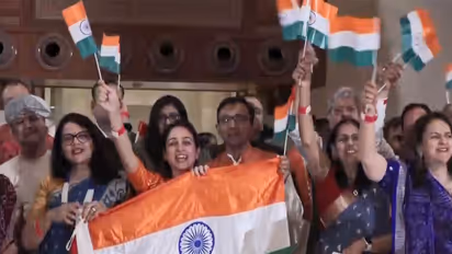 Indian diaspora members in Muscat chant slogans as Prime Minister Narendra Modi arrives for the final leg of his three-nation visit (Photo/ANI)