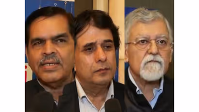 Economist Ashwani Mahajan,Kapil Kaul, CEO and Director of CAPA India and former NITI Aayog Member Arvind Virmani (L-R) (Photo/ANI)