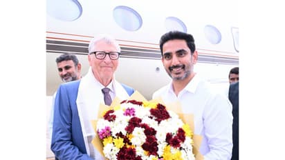 Andhra Minister Nara Lokesh receives Bill Gates at Gannavaram Airport in Amaravati (Photo/@naralokesh)