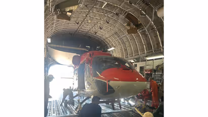 Advanced Light Helicopter (ALH) Dhruv of the Indian Air Force's Sarang Display Team being loaded inside a transport aircraft. (Photo: X/@indembcairo)